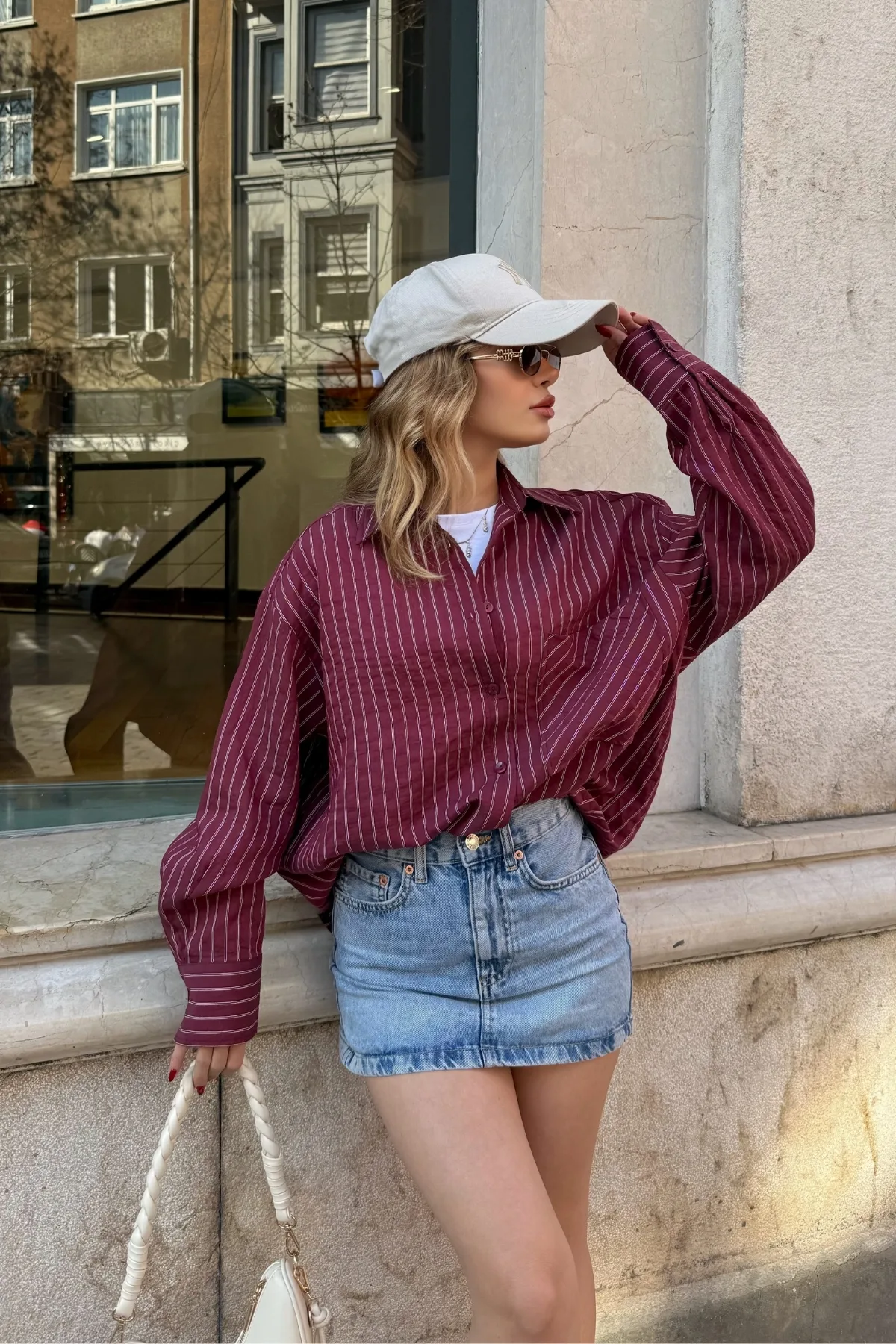 D-0369 Mono Stripe Çizgili Çapraz Cepli Gömlek