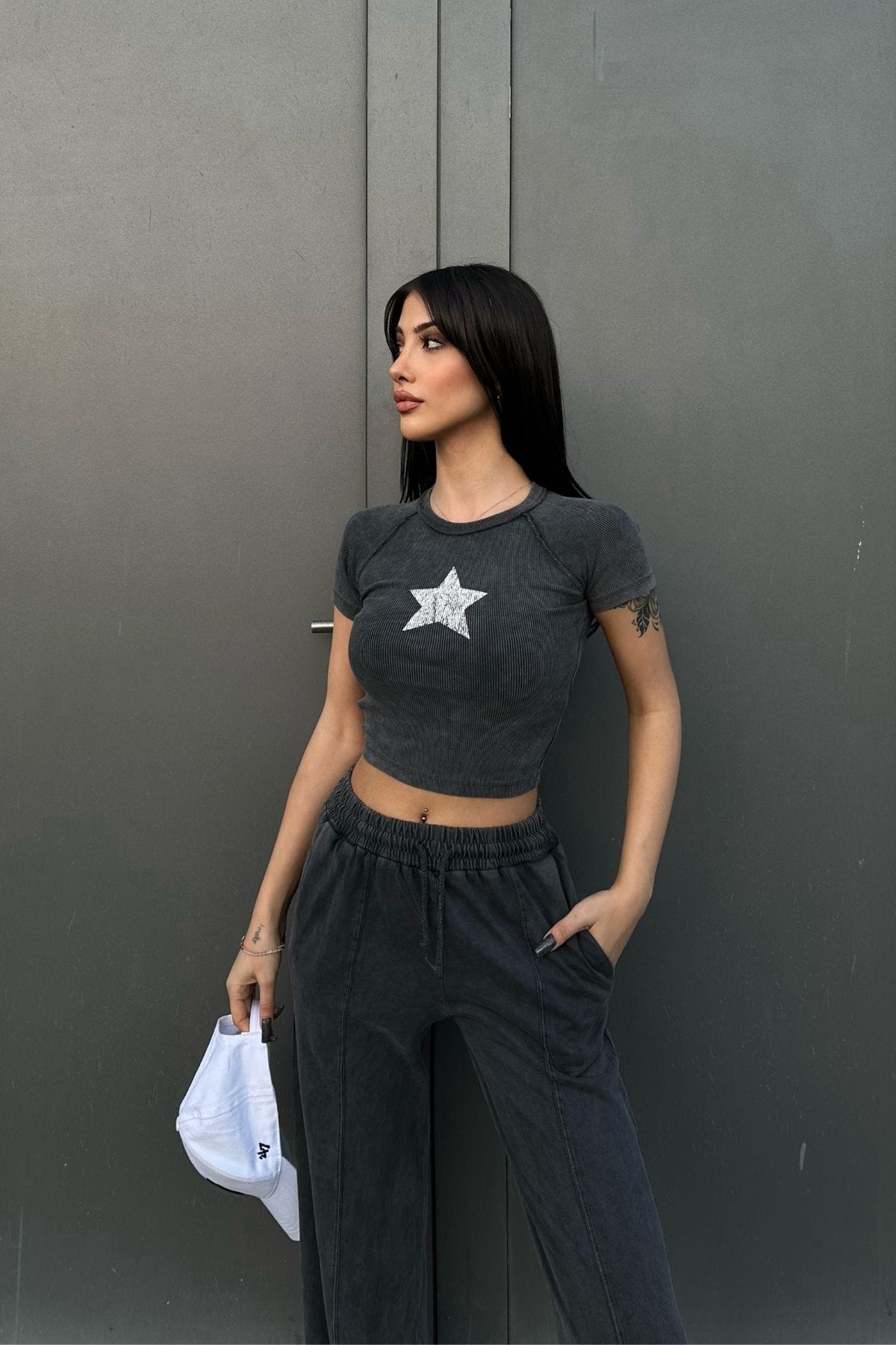 3794 Yıkamalı Yıldız Baskılı Kaşkorse Crop T-Shirt